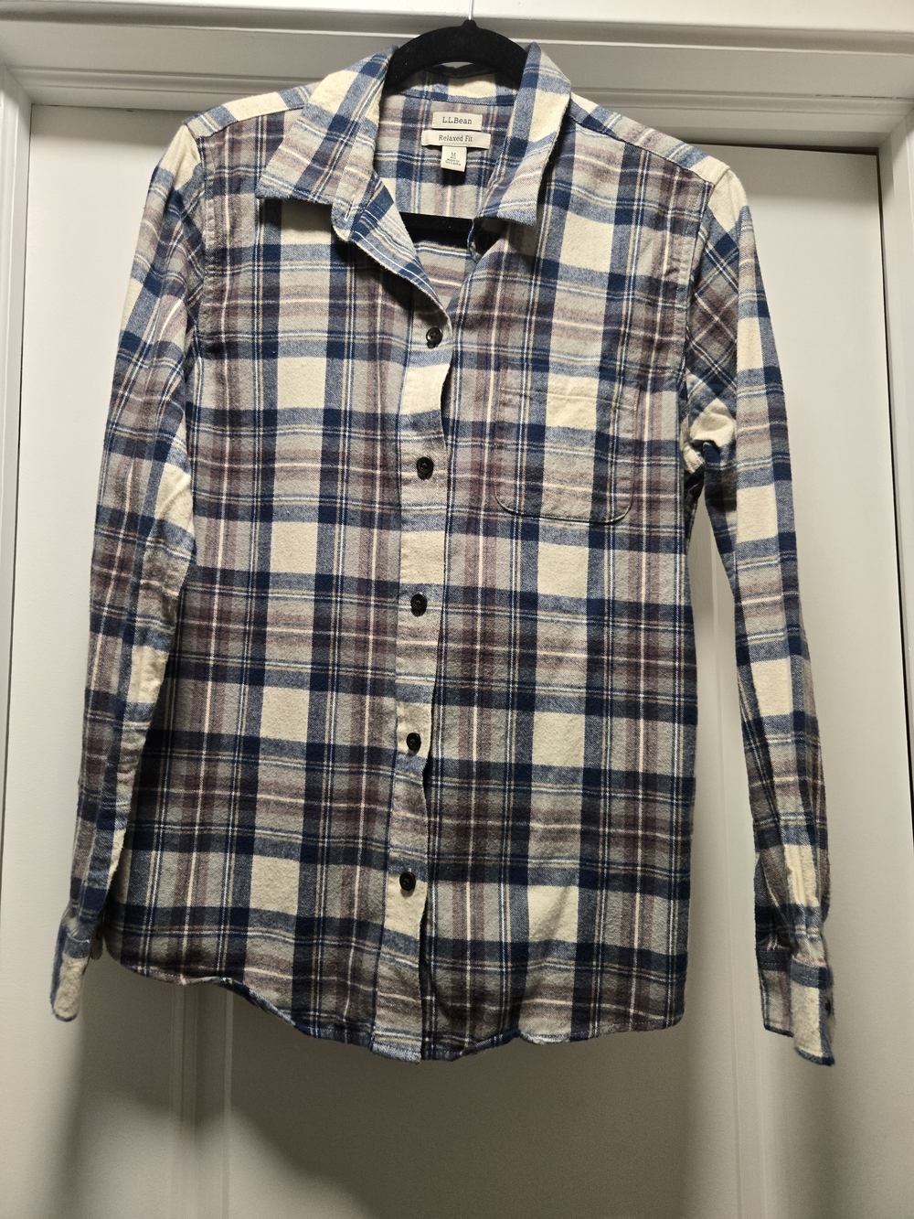 L.L. Bean Cream, Blue and Brown Plaid Button-Down Shirt